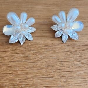 Lustrous Pearl and Crystal Flower Clip On Earrings